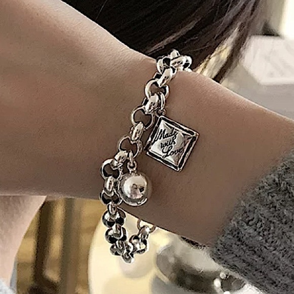 Sterling Silver Made with Love Bracelet Chain Link Ball Charm - Picture 11 of 12